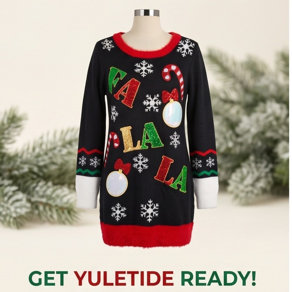 United States Sweaters M Fa La La Christmas Ugly Sweater/Dress Black Sequin NWT